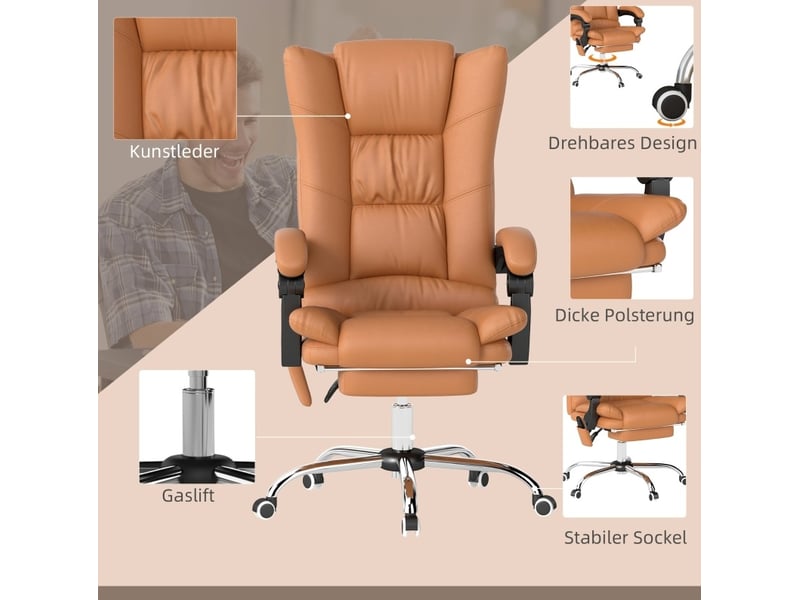  Fauteuil de bureau massant chauffant inclinable 135° en cuir régénéré marron clair avec repose-pieds intégré  - Conforama E