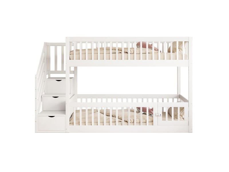  Lit superposé enfant - dimensions 90x200 cm - bois massif - blanc - escalier avec tiroirs intégrés - grille de sécurité 253x91x130cm - Conforama D