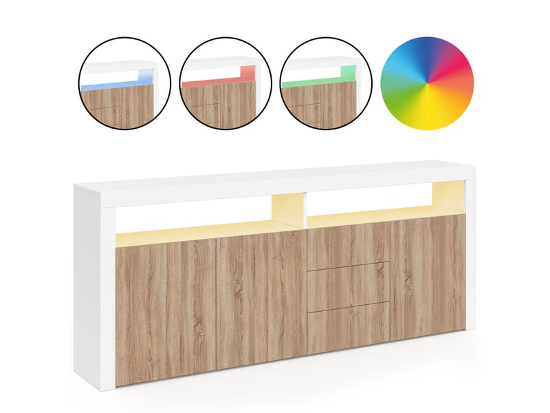 Buffet 180 cm elight xxl 3 portes et 3 tiroirs avec led et niches blanc et bois façon hêtre - Conforama E