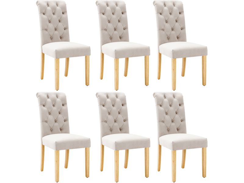  Ensemble de 6 chaises de salle à manger beige en velours, design à boutons, pieds en chêne  - Conforama A