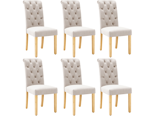 Ensemble de 6 chaises de salle à manger beige en velours, design à boutons, pieds en chêne