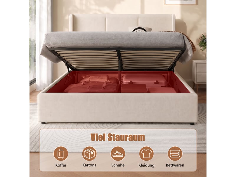  Lit coffre 160x200 cm en tissu doux beige clair avec tête de lit à 3 niches, coffre hydraulique et cadre en bois massif silencieux.  - Conforama E
