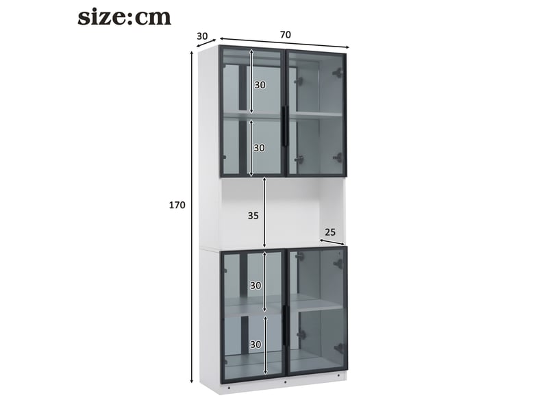  Vitrine vitrée 70 x 30 x 170 cm - blanc - led intégrée, portes en verre gris, fond miroir et rangement  - Conforama C