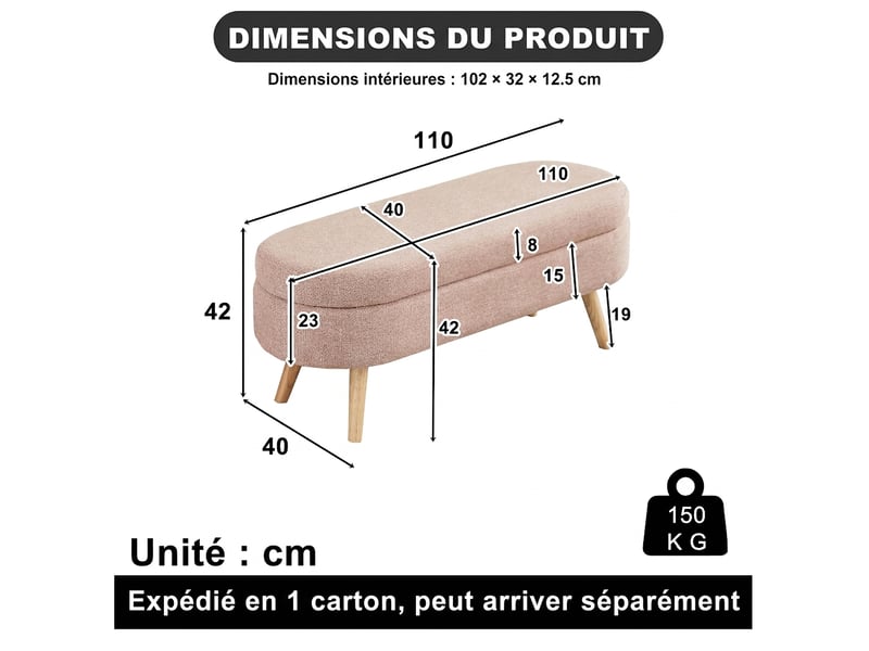  Banc coffre de rangement 110 cm en tissu chenille, forme ovale, pour chambre et entrée  - Conforama C