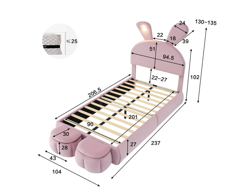  Lit enfant 90x200 cm, lit simple avec tête de lit oreilles de lapin et led réglable, structure en bois et velours avec 2 poufs de rangement, rose  - Conforama E