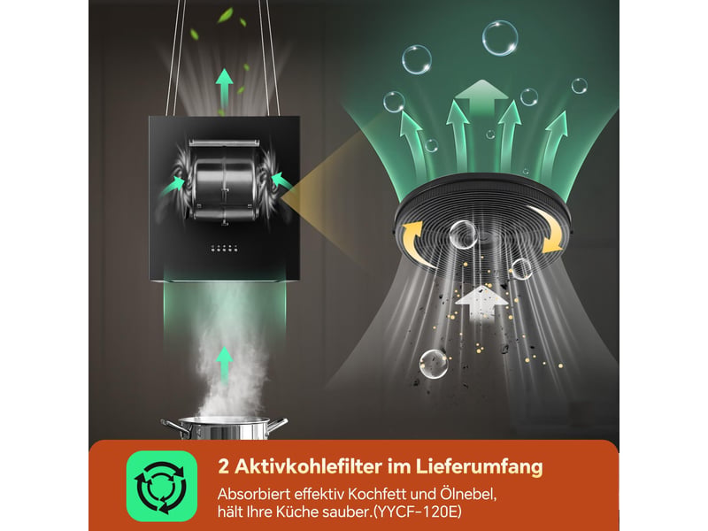 Hotte îlot noire 800 m³h avec recyclage, filtre à charbon actif et éclairage led, 3 vitesses avec boost pour cuisine sans sortie extérieure - Conforama R