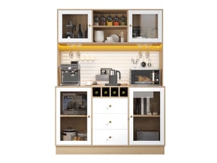 Buffet de cuisine blanc- 140x40x185.7cm - éclairage led ,3 tiroirs, porte-bouteilles & crochets - meuble bar à café