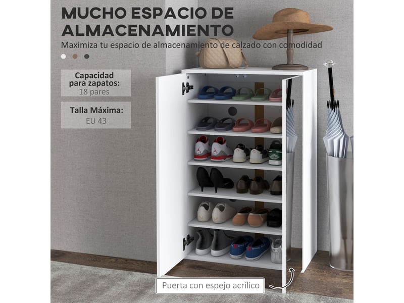  Meuble à chaussures avec miroir pour 18 paires de chaussures, 5 étagères réglables, pour entrée, 60 x 32 x 95 cm, blanc  - Conforama E