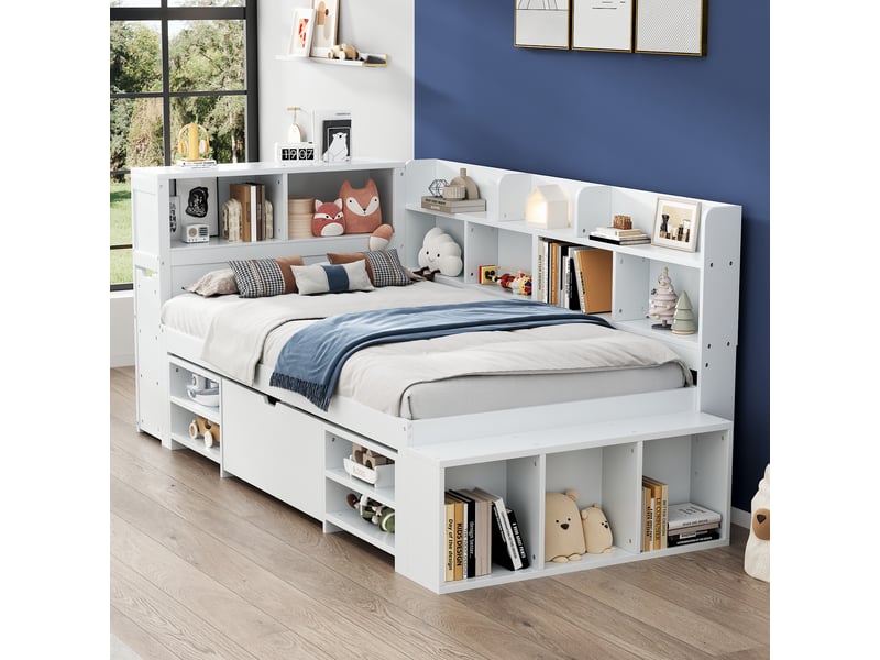 Lit enfant 90x200 cm - lit combiné avec tiroirs et bibliothèque, lit avec rangement blanc, sans matelas - Conforama B