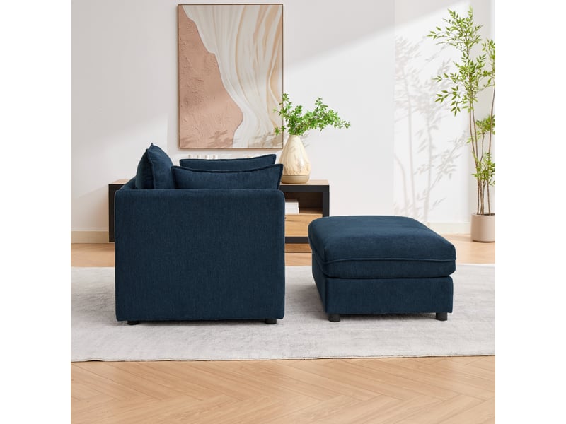 Fauteuil fixe bleu en velours avec repose-pieds coffre, 149 x 103,5 x 81 cm, pour salon et petits espaces W3245S00026 - Conforama W