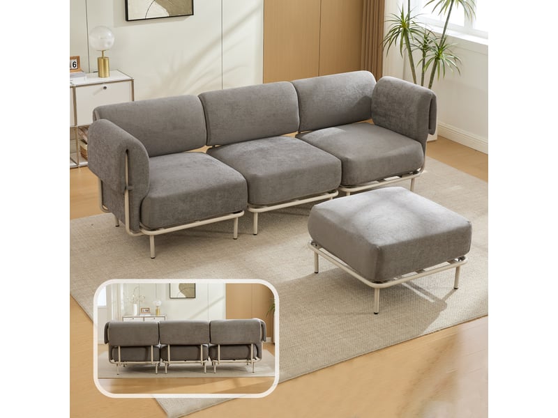  Canapé d'angle modulable 3 places en tissu chenille gris, avec pouf, 251×155×78 cm, design nordique  - Conforama B