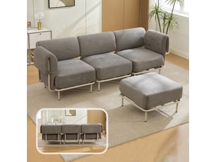 Canapé d'angle modulable 3 places en tissu chenille gris, avec pouf, 251×155×78 cm, design nordique