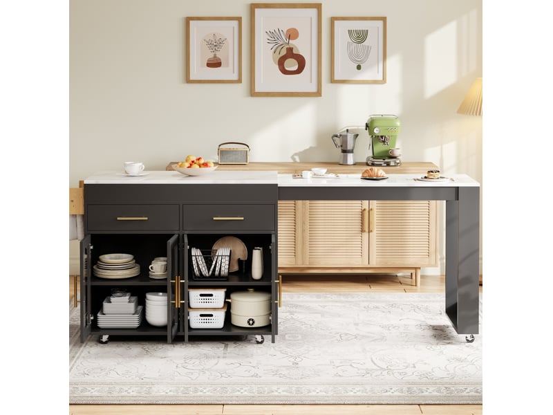  Îlot de cuisine mobile extensible 132,5-217x50x93 cm, bar, 7 roulettes, portes vitrées, mdf, noir  - Conforama B