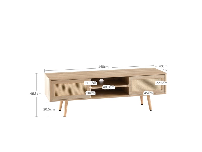  Meuble tv bas 2 portes coulissantes en cannage avec étagères réglables et niche ouverte en mdf naturel pour salon  - Conforama C