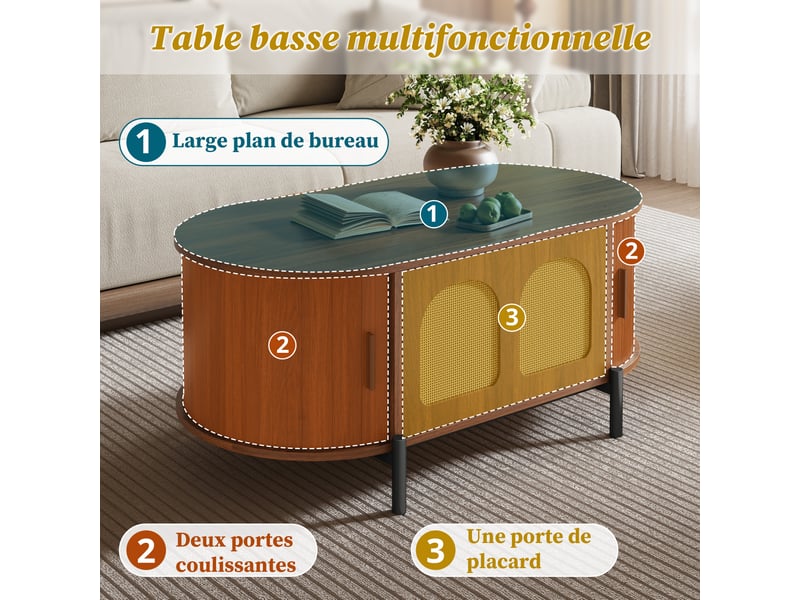  Table basse ovale en rotin, portes coulissantes, aspect bois, pieds en métal, table de salon multifonctionnelle avec espace de rangement  - Conforama D
