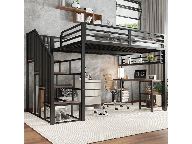  Lit mezzanine 120x200 cm, lit surélevé avec bureau intégré et étagères de rangement, avec escalier sécurisé et main courante, noir et noyer foncé  - Conforama B