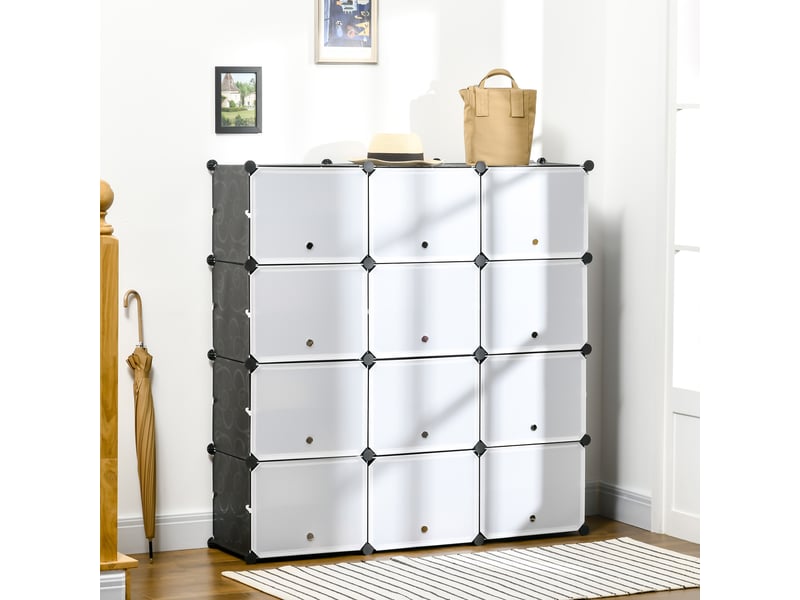  Système d'étagères modulaires, étagère à emboîter, composée de 12 cubes de 125 x 32 x 125 cm, plastique et acier noir.  - Conforama C