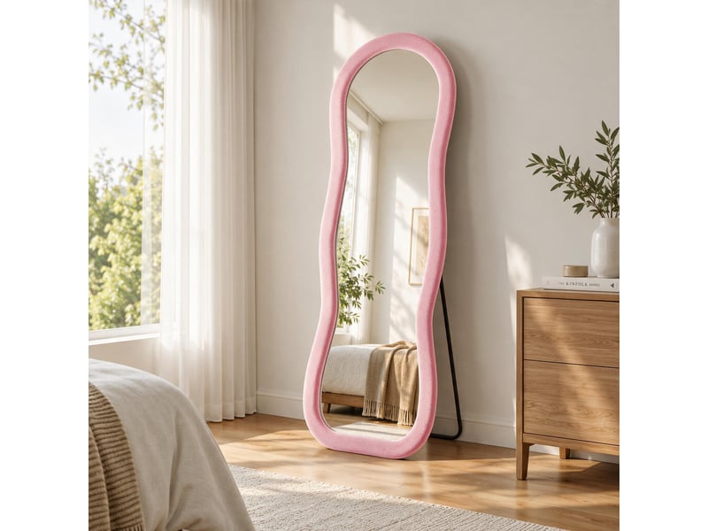  Miroir de sol ondulé 160x50 cm, cadre velours doux style scandinave, pour chambre et salon, avec pied u, verre trempé sécurisé, rose  - Conforama C