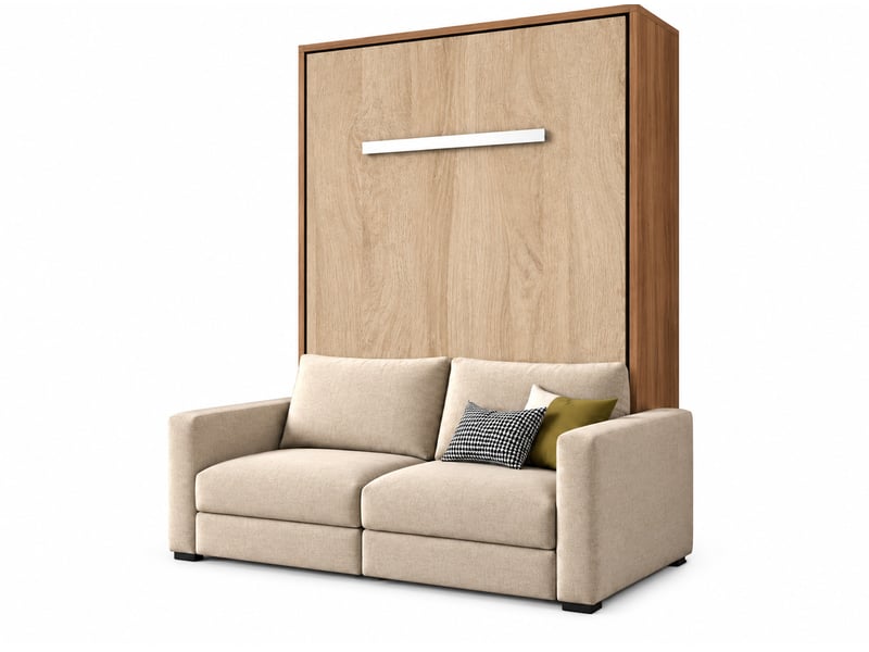  Lit escamotable vertical kimber avec canapé tissu intégré – le salon le jour, un vrai lit la nuit-120x200-cadre noyer-façade chêne clair-canapé beige  - Conforama A