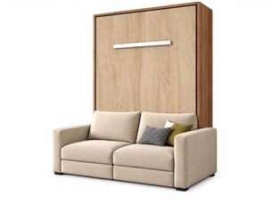 Lit escamotable vertical kimber avec canapé tissu intégré – le salon le jour, un vrai lit la nuit-120x200-cadre noyer-façade chêne clair-canapé beige