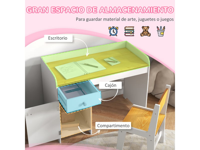  Bureau enfant avec chaise, ensemble bureau 2 pièces avec tiroir et armoire, blanc et naturel  - Conforama E