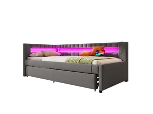 Banquette-lit 90*200cm, cadre lin et mdf, éclairage led, couchage extensible, usb-c, sans matelas, gris