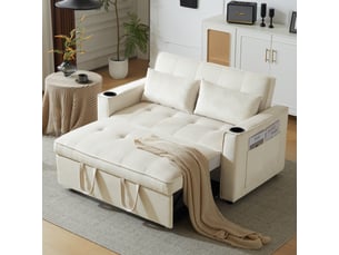 Canapé convertible 137x76,5x83 cm avec fonction couchage, porte-gobelets, coussins, canapé-lit pliable multifonctionnel pour salon et chambre—beige