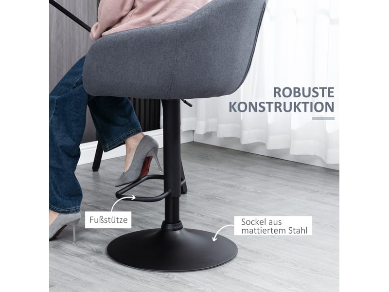 Tabouret de bar réglable pivotant à 360° avec dossier et repose-pieds, tissu aspect lin gris foncé, acier noir - Conforama D
