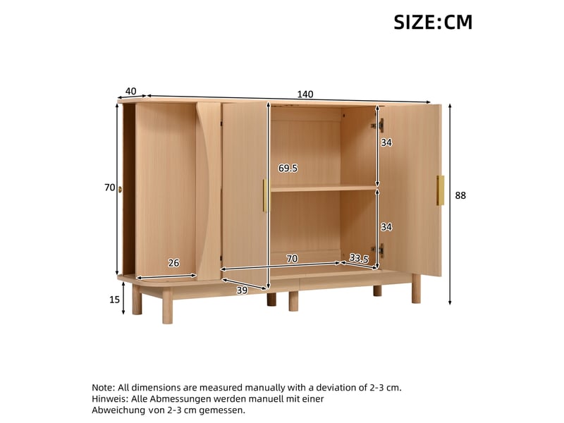  Buffet de rangement 140x40x88 cm, meuble salon, portes coulissantes, rangements ajustables, bords arrondis, mdf naturel  - Conforama C