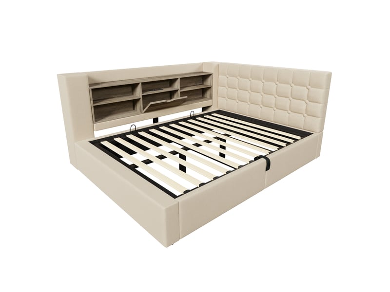  Lit coffre 140x200 beige avec éclairage led, tête de lit en l réversible et ports de charge  - Conforama A