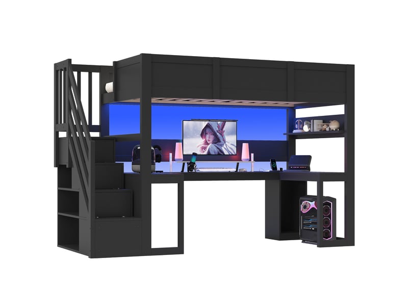  Lit mezzanine 90x200 cm noir avec bureau, escalier de rangement, led et usb  - Conforama A