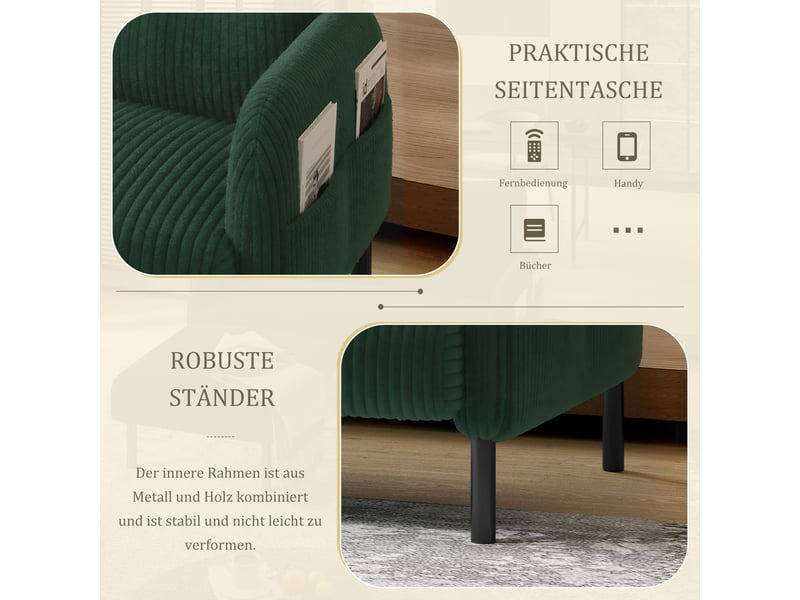  Canapé 2 places en velours côtelé vert émeraude avec dossier haut et poches latérales intégrées  - Conforama W