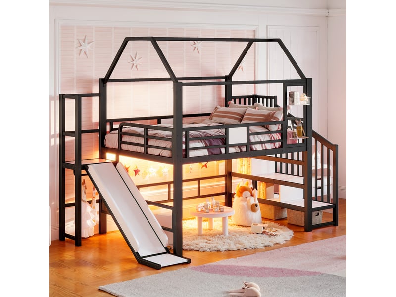  Lit mezzanine enfant 2 places 140×200 cm, toboggan, escalier et led - okmyhome- noir, sans matelas  - Conforama C