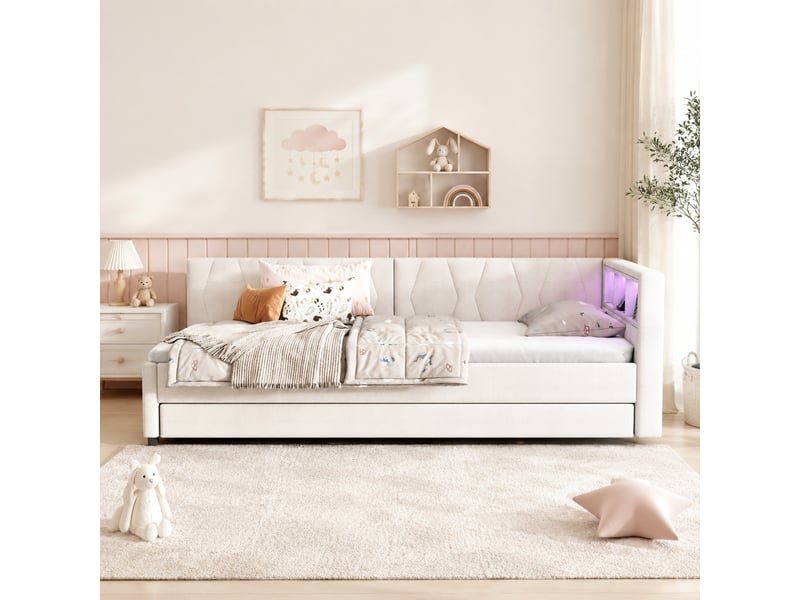  Lit gigogne 90x200 cm avec lit d'appoint, usb-c et led en lin beige  - Conforama B