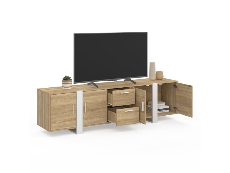 Meuble tv 180 cm phoenix 4 portes + 2 tiroirs bois et blanc  - Conforama D
