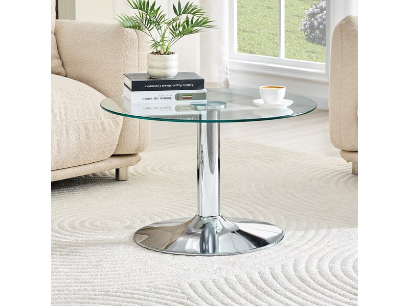  Table basse ronde en verre trempé avec pied central et base lestée stable en métal argenté pour salon 70 × 70 × 45 cm  - Conforama D