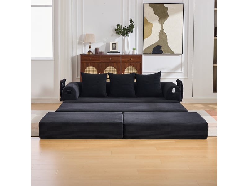  Canapé modulable modenvie 3 places velours côtelé noir avec pouf et 3 coussins 200 x 190 x 67 cm  - Conforama E
