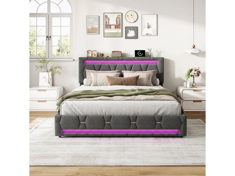  Lit double rembourré - 140x200 cm gris - led rvb variable - 4 tiroirs - tissu en lin - meuble de chambre moderne et confortable avec rangement  - Conforama C