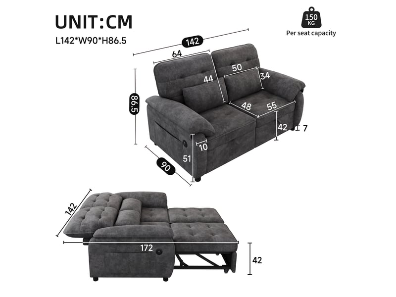  Canapé-lit 3-en-1 142x90x86,5 cm dossier réglable gris sans matelas  - Conforama E