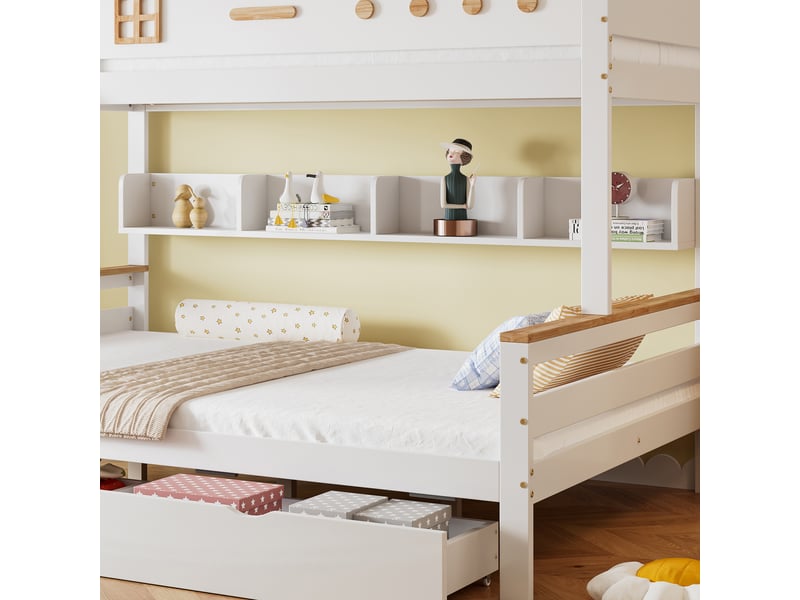 Lit superposé enfant 90x200140x200 cm, barrière sécurité, 2 tiroirs, échelle 4 marches, pinmdf, blanc naturel - Conforama D