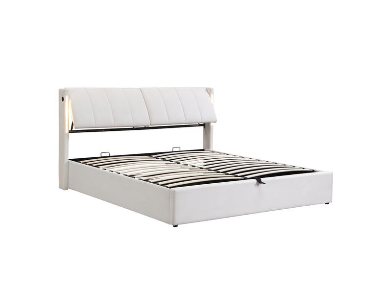  Lit coffre adulte 180x200 cm – blanc – rangement hydraulique, led et ports usb rechargeables intégrés  - Conforama D
