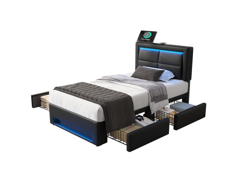  Lit enfant 90x190cm avec 4 tiroirs, ports usb de chargement, lumières led, design moderne, pu, noir, sans matelas  - Conforama A