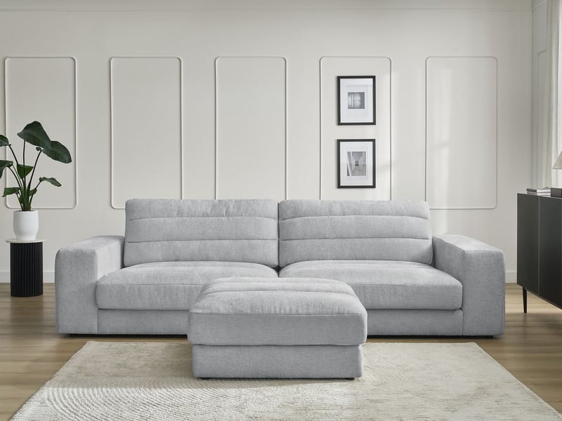  Bobochic canapé droit fixe 3 places sierra tissu texturé avec pouf gris clair SIERRA - Conforama D