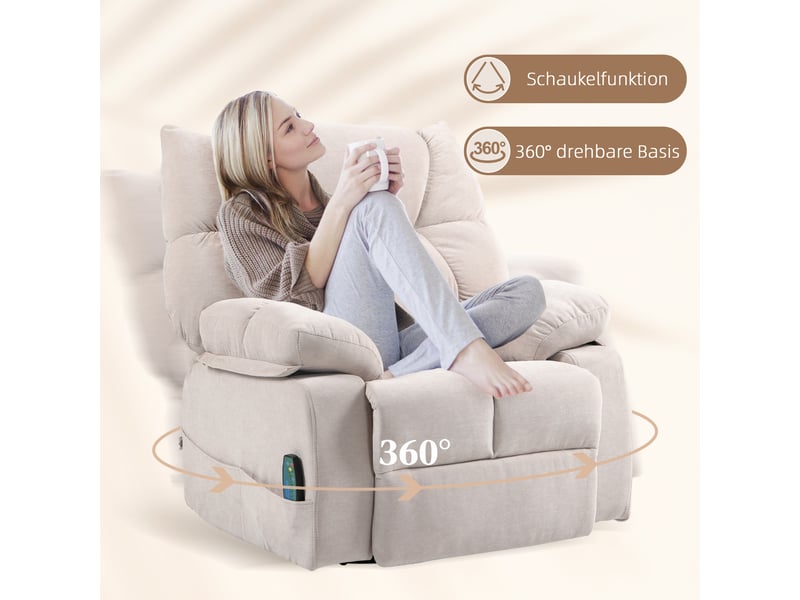 Fauteuil relax avec massage chauffant beige, inclinable à 145 degrés, pivotant à 360 degrés avec repose-pieds pour le salon - Conforama E