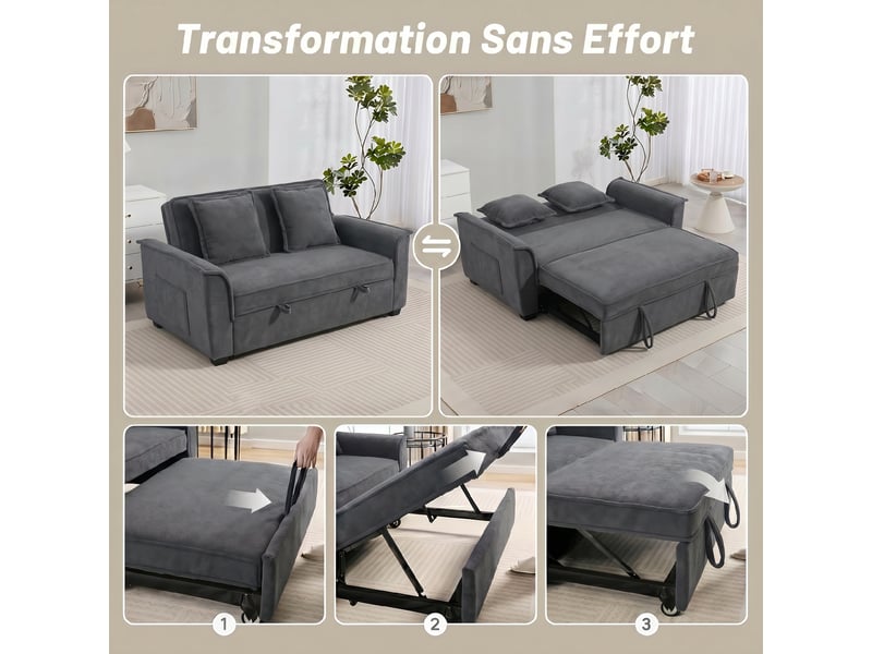 Canapé convertible 2 places, canapé-lit clic-clac en chenille, dossier réglable, 2 coussins, gris, poche latérale - Conforama D