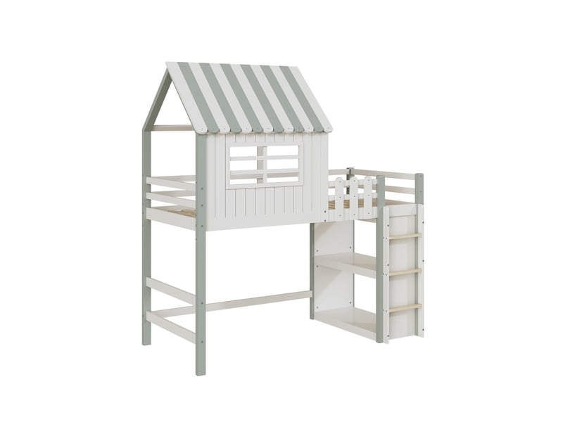  Lit enfant maison 90 x 200 cm avec toit et échelle de sécurité, bois massif, coloris vert  - Conforama E