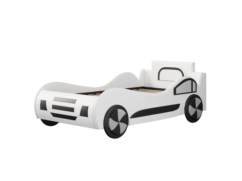  Lit enfant 90x200 cm style voiture blanc mdf et pu avec sommier à lattes et coffre hydraulique Sol Morn - Conforama A