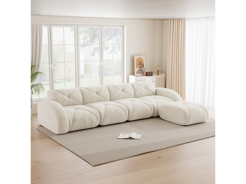  Fauteuil canapé d'angle l modulaire 4 places en chenille beige clair avec repose-pieds et base antidérapante pour salon contemporain  - Conforama B