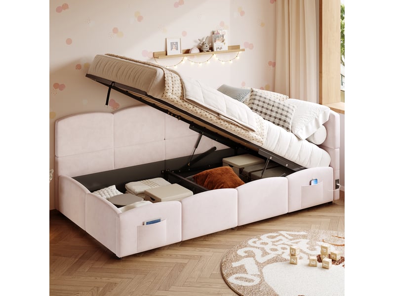  Lit coffre 90x200 cm avec ports usb et poches de rangement en velours rose  - Conforama C