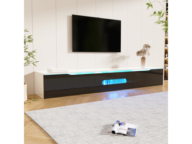 Vitrine & meuble tv 180×30×35 cm – couleur chêne + blanc laqué, led 16 couleurs - Conforama E